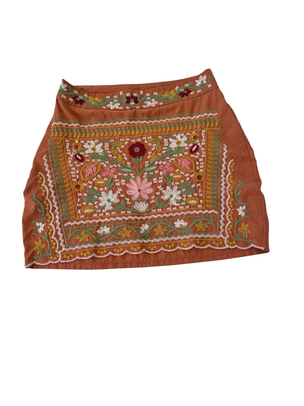 Floral Embroidered Patchwork Mini Skirt in Rust - Picture 3 of 7